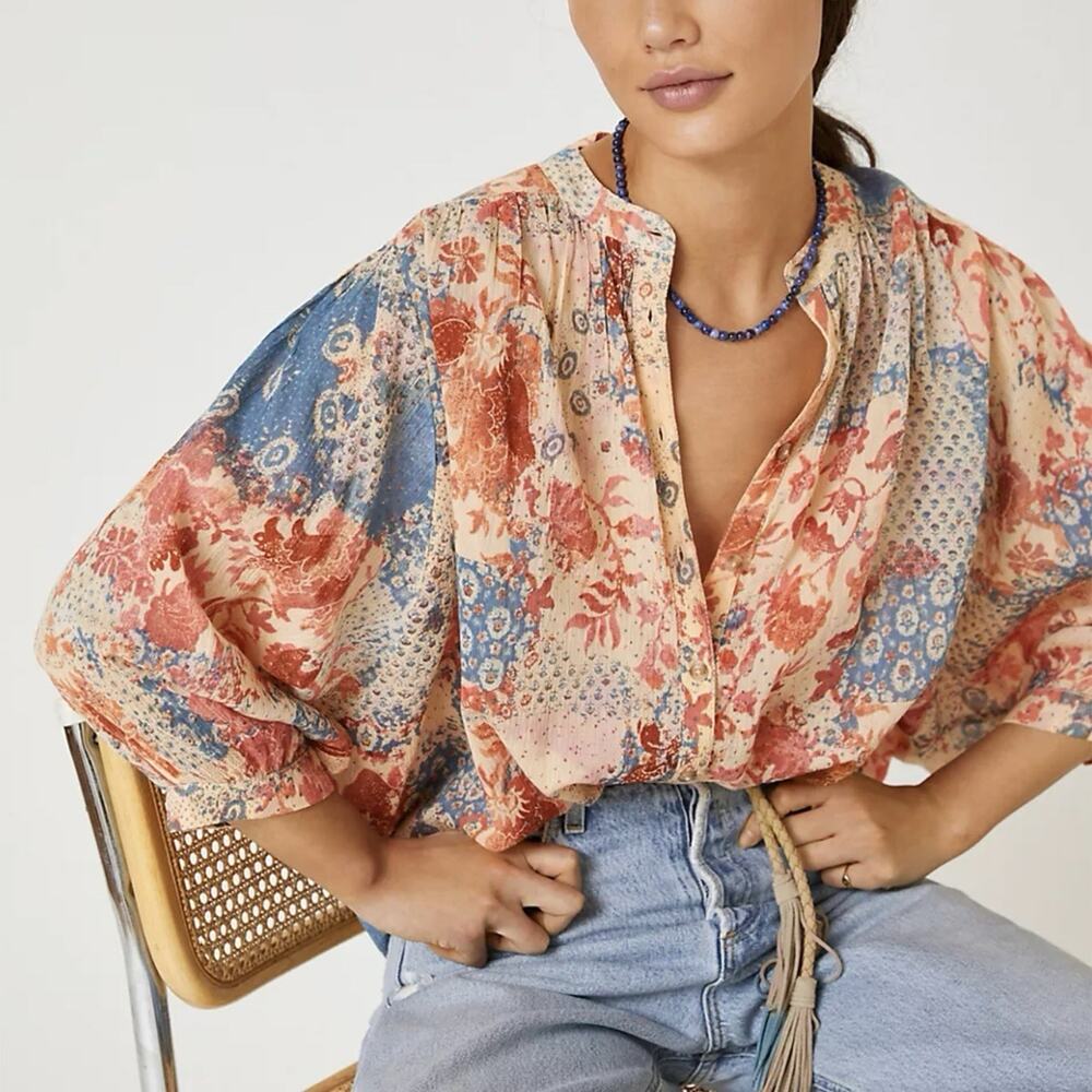 Anthropologie Pilcro Sidney Batwing Blouse Womens XL Patchwork Floral Boho